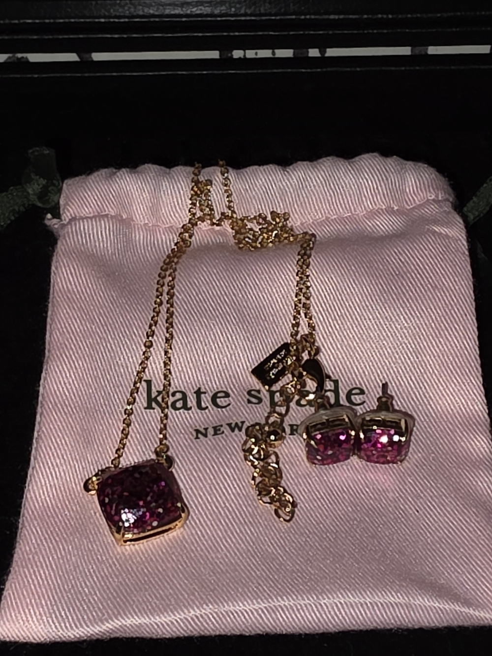 Kate Spade Pink Glitter Pendant Necklace and Stud Earrings